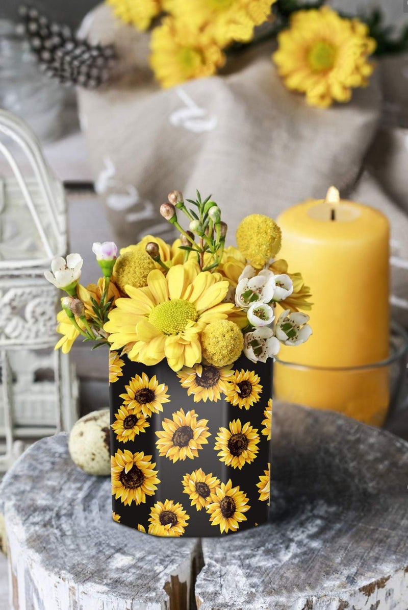 WAVEYU Pen Holder, Pencil Holder for Desk Floral Pattern Pencil Cup for Girls Kids Durable Ceramic Desk Organizer Makeup Brush Holder for Office, Classroom, Home, Sunflower - Image 4